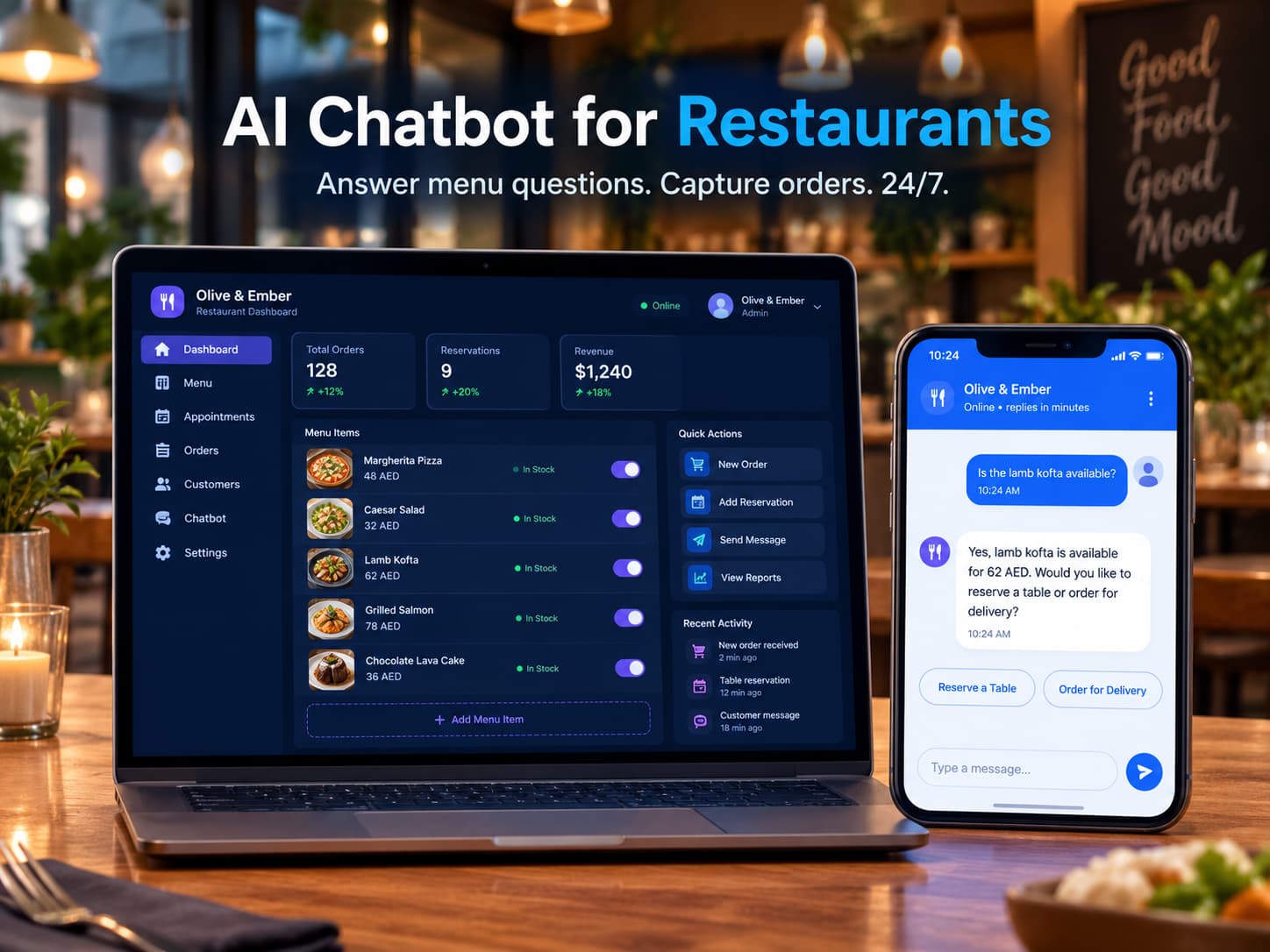 AI chatbot owner dashboard with an item switched off and the customer chat reflecting the change